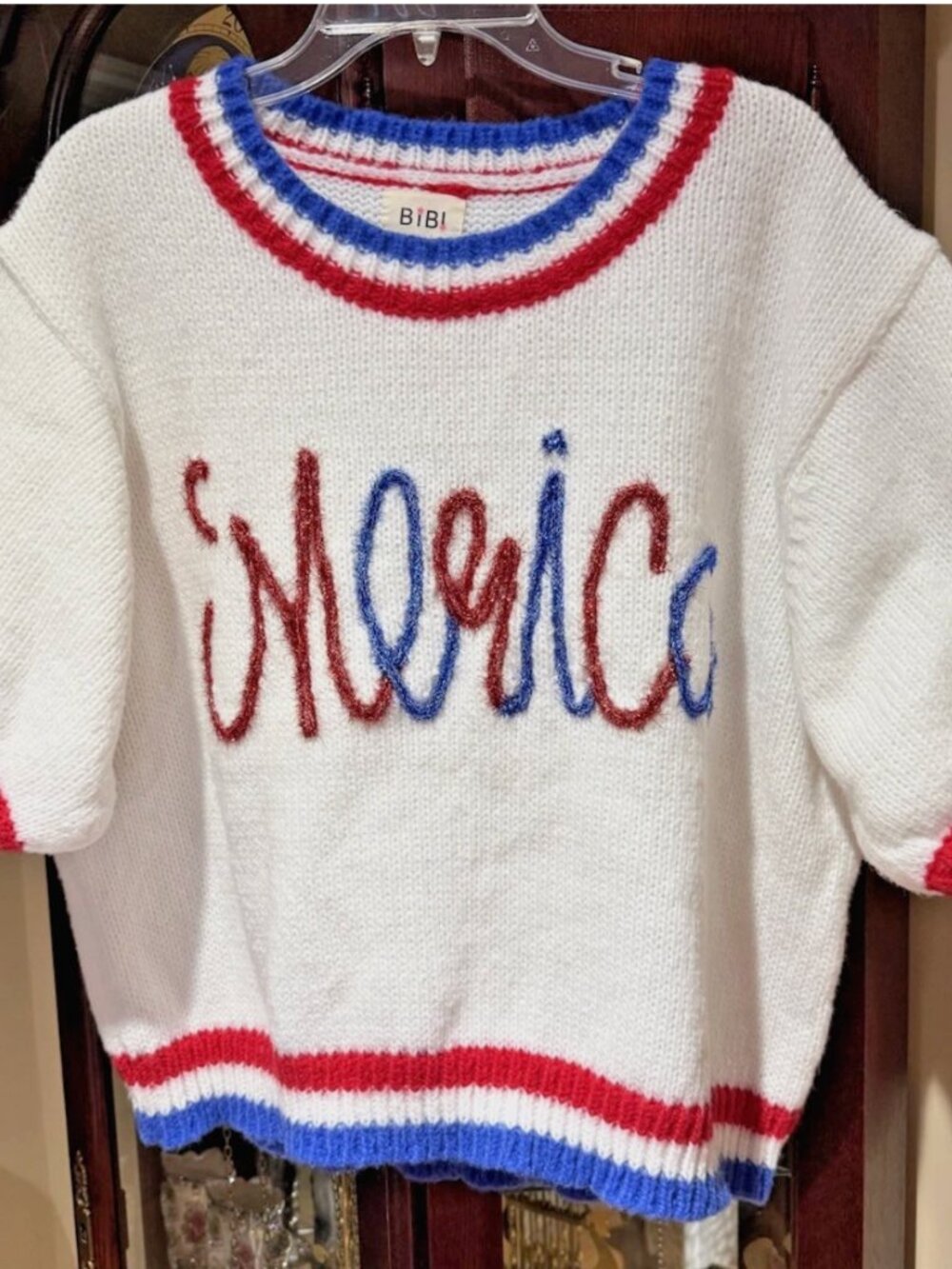 BIBI Women's White "America" Knit Sweater Short Sleeve Red Blue Trim Size XL - Picture 3 of 10
